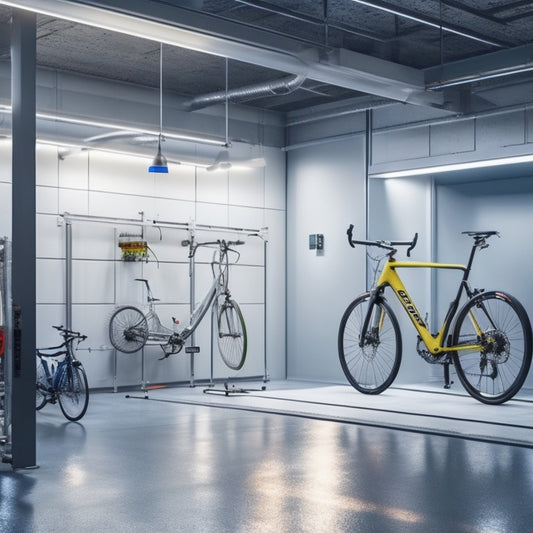 A futuristic, well-lit garage with a sleek, silver road bike suspended from the ceiling. Surrounding it, innovative tools like a 3D-printed bike washer, a laser wheel aligner, and a robotic chain cleaner.