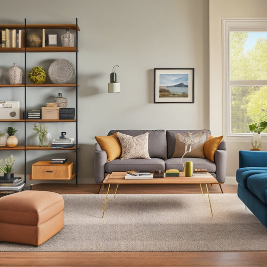 A clutter-free living room with a sleek, wall-mounted shelving unit, a storage ottoman, and a minimalist coffee table with hidden compartments, surrounded by a few, carefully-placed decorative items.