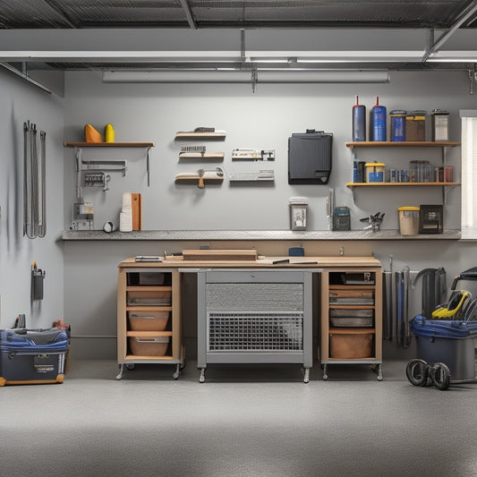 A clutter-free garage with a sleek, silver folding workbench against a grey wall, surrounded by organized tools and storage bins, with a few scattered screws and a wrench on the bench's surface.