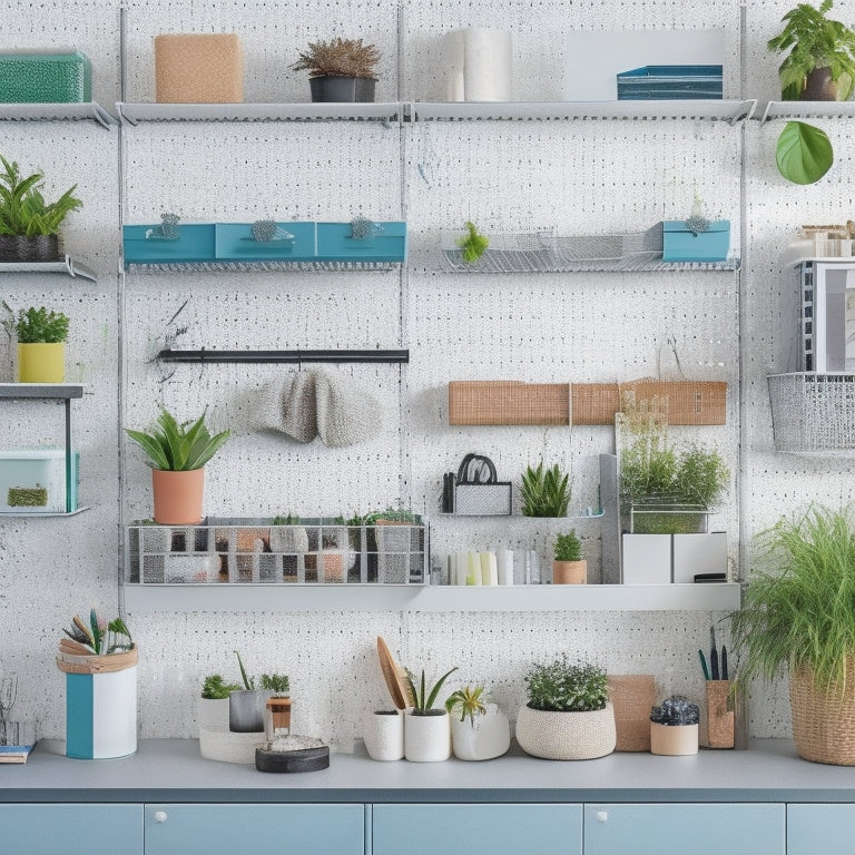 A clutter-free workspace with a sleek, silver Pegbre Pegboard mounted on a wall, adorned with neatly organized tools, accessories, and colorful bins, surrounded by a few well-placed plants.