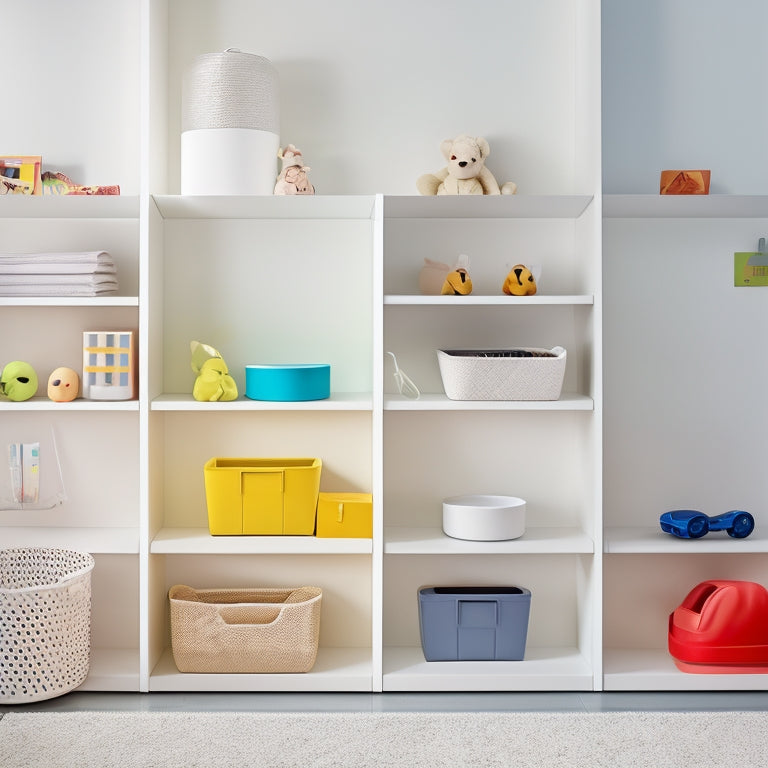 A tidy white wall with 5-7 wall-mounted storage bins in various shapes and sizes, filled with neatly arranged toys, books, and household items, against a soft, blurred background.