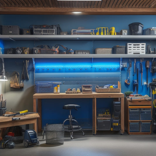 A well-lit, clutter-free garage with a pegboard system on the back wall, featuring various tools and accessories neatly organized on hooks and bins, with a workbench and toolbox in the foreground.