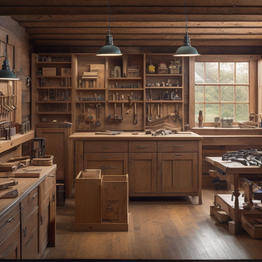 A clutter-free woodworking shop with a sturdy, maple-top workbench featuring three drawers of varying sizes, adorned with ornate metal handles, surrounded by precision tools and half-finished wooden projects.