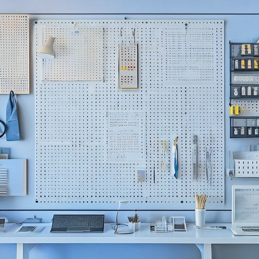 A minimalist, modern workspace with a large, white pegboard mounted on a wall, densely organized with various tools and accessories in a neat, symmetrical arrangement.