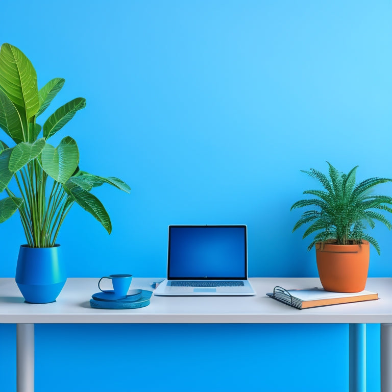 A minimalist illustration depicting a serene workspace with a few, carefully placed, sleek objects: a laptop, a notebook, and a small potted plant, amidst a subtle, gradient blue background.