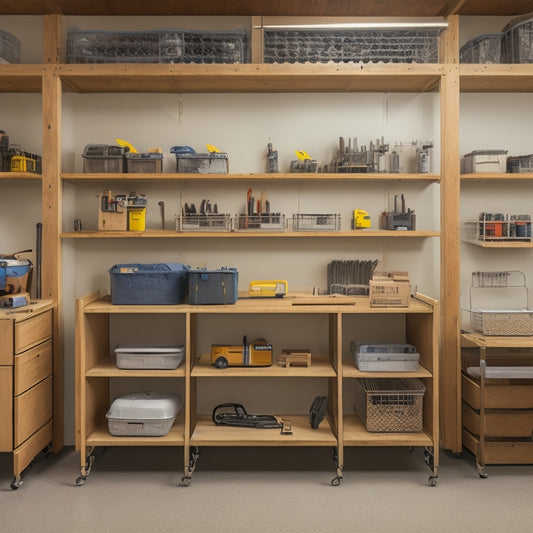 A clutter-free construction site with organized tool stations, labeled bins, and a centralized hub featuring a pegboard with hung tools, a workbench, and a tablet-mounted inventory management system.