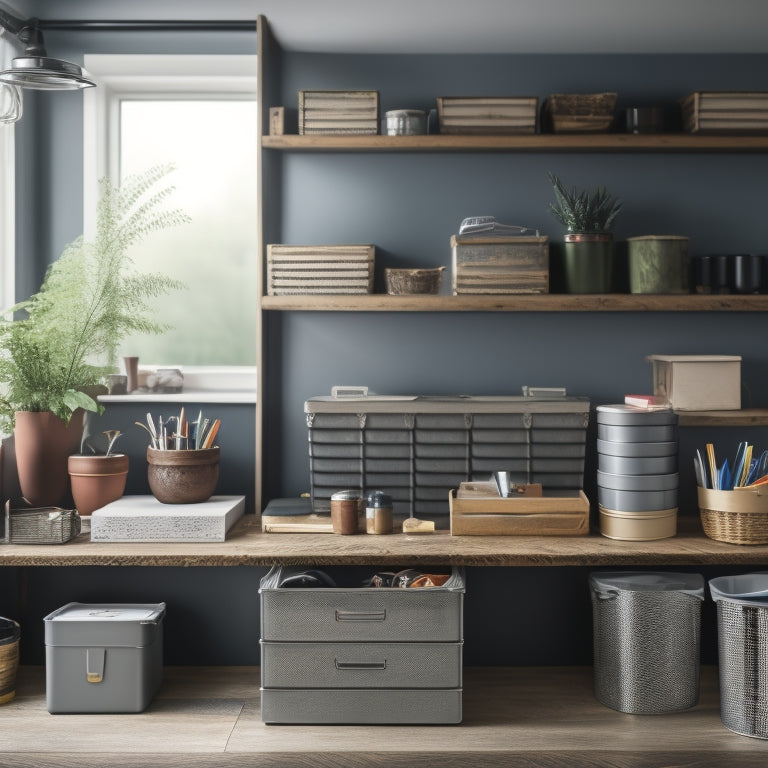 A tidy workspace with 5-7 metal bins in various sizes, arranged on a wooden shelf, containing organized office supplies, tools, and crafting materials, with a subtle background of a minimalist room.