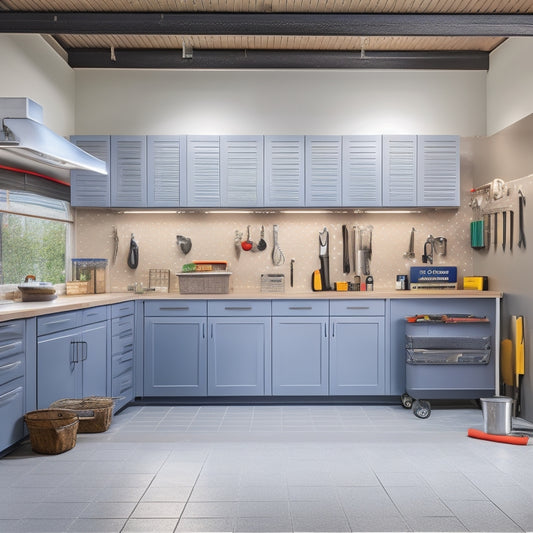 A well-organized garage with sleek, gray cabinets, a stainless steel workbench, and a pegboard adorned with tools, surrounded by a polished concrete floor and plenty of natural light.