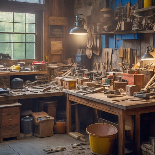 A cluttered woodworking shop with half-finished projects, scattered tools, and papers scattered on a workbench, juxtaposed with a tidy digital workspace on a tablet or laptop screen.
