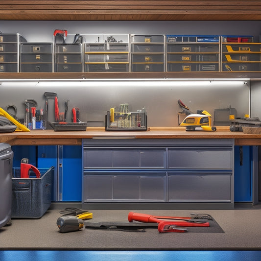 A well-lit, clutter-free garage workshop with a sleek, metallic rolling tool box with drawers open, revealing an assortment of gleaming, organized essential tools, including wrenches, pliers, and screwdrivers.