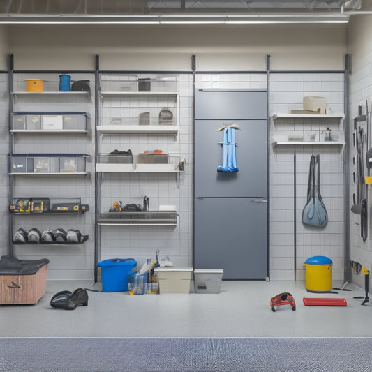 A well-lit, clutter-free garage with sleek storage units, labeled bins, and a pegboard adorned with neatly hung tools, amidst a polished concrete floor and a few strategically placed sports equipment.