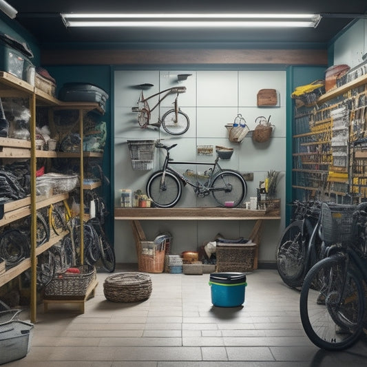 A cluttered garage with various items scattered on the floor, contrasted with a clean and organized garage featuring a multi-tiered shelving system, slatwall, and ceiling-mounted racks holding bikes, tools, and storage bins.