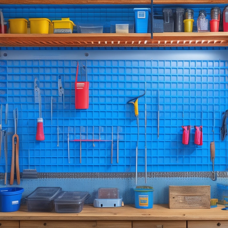 A well-organized workshop with a custom pegboard featuring a mix of metal and plastic bins, hooks, and holders, holding various tools and accessories, with a few tools hanging from the board.