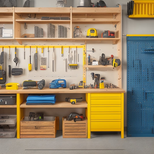 A clutter-free garage workshop with a pegboard displaying a variety of organized tools and accessories from top brands, including a DeWalt drill on a custom holder and a Festool impact driver on a labeled hook.