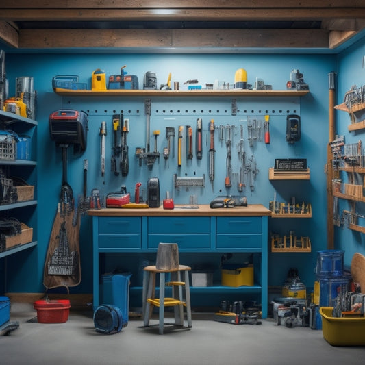 A well-lit, clutter-free garage with a pegboard on the back wall, holding a mix of power tools and organizers, including a drill bit set, socket organizer, and cordless charger station.