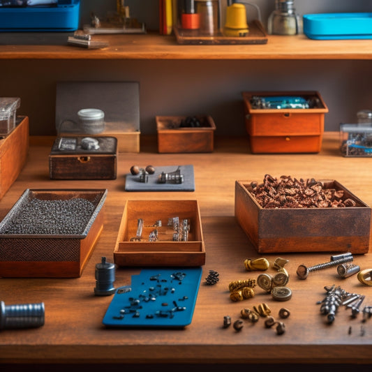 A tidy workspace with 5-7 small parts organizer boxes of varying sizes, filled with assorted screws, nuts, and bolts, on a wooden desk or shelf with a blurred background.