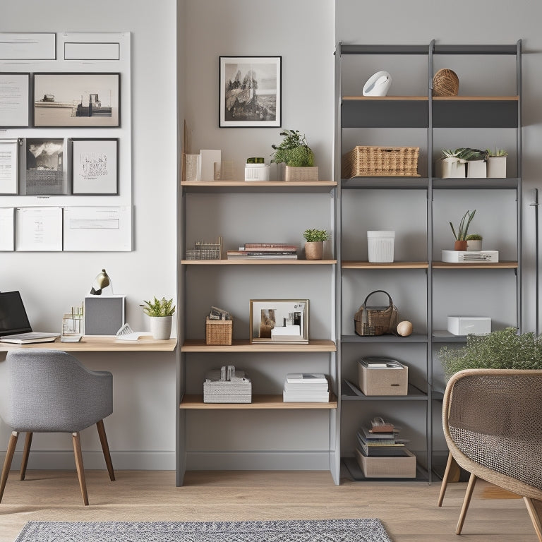 A tidy, modern home office with a variety of wall-mounted shelves, hooks, and bins in a mix of materials, showcasing organized storage for office supplies, bags, and accessories.