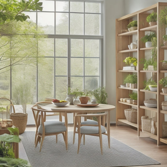 A bright, modern dining room with a large wooden table and chairs, featuring a floor-to-ceiling built-in shelving unit with sliding glass doors and woven baskets, surrounded by lush greenery.