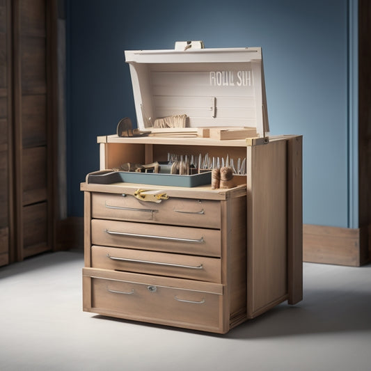 A compact, 3-tiered tool chest with small, labeled drawers in various sizes, filled with organized DIY tools and supplies, set against a clean, neutral-colored background with soft, natural lighting.