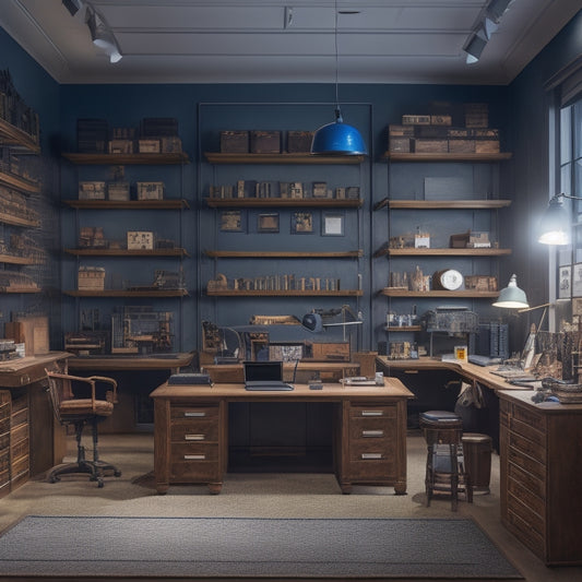 An organized workshop with a U-shaped workstation, labeled zones, and designated areas for tools, inventory, and workspace, surrounded by well-lit shelves and a clock on the wall.