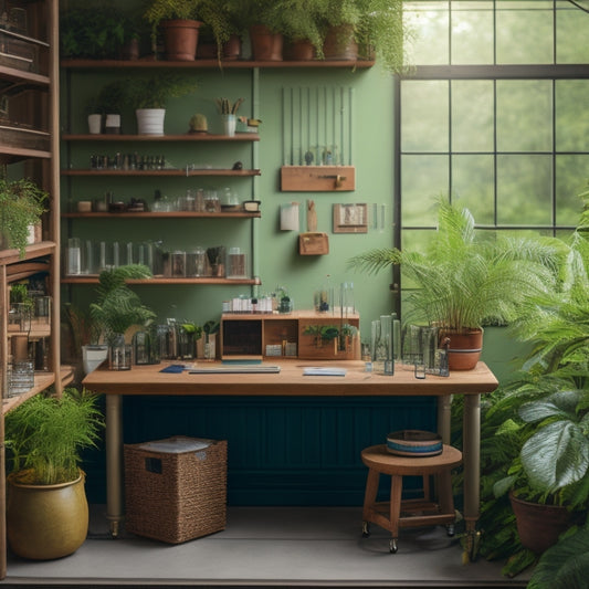 A tidy workspace with a wooden science table at its center, adorned with a pegboard set featuring neatly arranged beakers, test tubes, and lab equipment, surrounded by lush green plants.