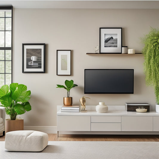 A modern, sleek, and minimalist living room with a mounted Allspace Wall Mount Panel, holding various organized items like framed photos, plants, and decorative objects, against a soft, creamy white background.