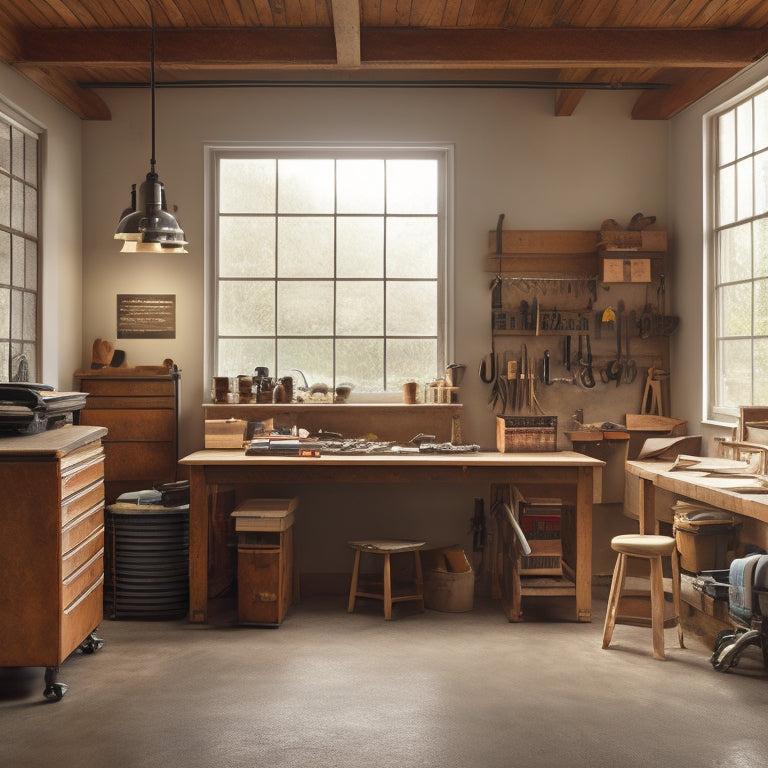 A well-organized workshop with a central workbench, pegboard on the back wall, and tool chests along the sides, surrounded by a concrete floor and natural light pouring in from large windows.