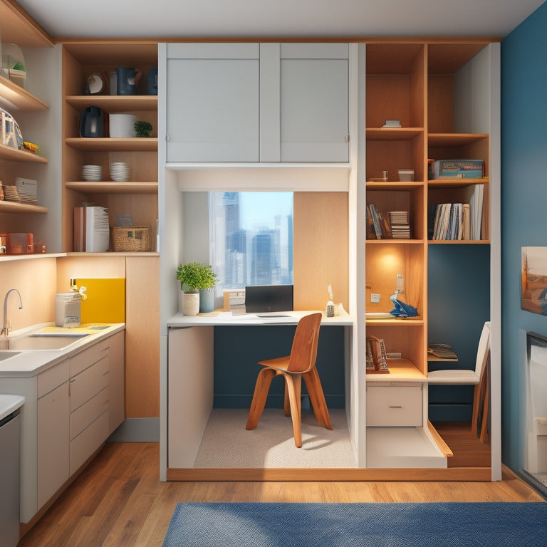 An illustration of a compact, modern studio apartment with a Murphy bed, a desk tucked beneath a lofted storage area, and a cleverly hidden kitchenette behind a sliding panel.