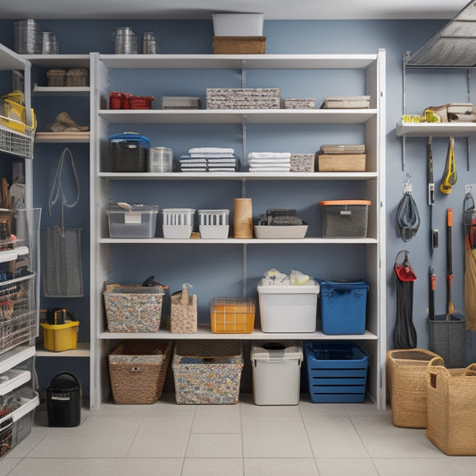 A clutter-free garage or utility room with various-sized bins and containers stacked and organized on wall-mounted shelves, hooks, and labels, showcasing efficient use of vertical space.