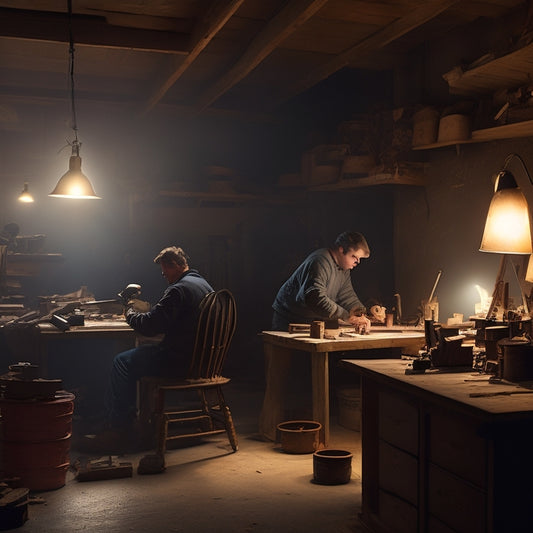 A dimly lit workshop with scattered wood shavings, gleaming power tools, and half-finished wooden projects, illuminated by a single, warm overhead light, casting dramatic shadows on the walls.