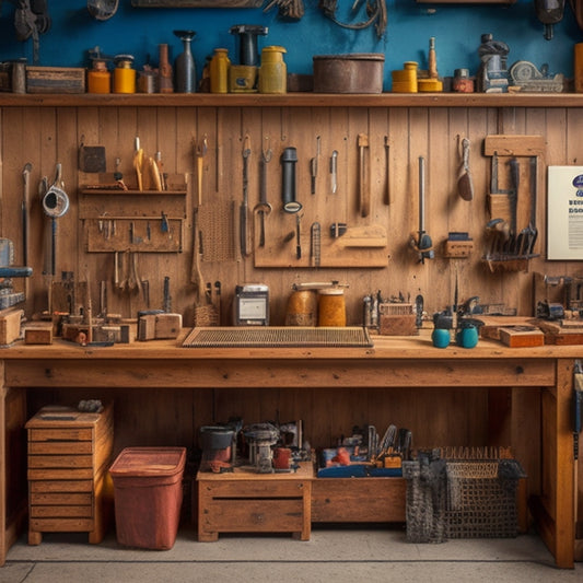 A clutter-free workshop with a wooden workbench, surrounded by neatly organized Toolgrid Boards of various sizes, holding an array of tools, with a subtle background of pegboards and hooks.