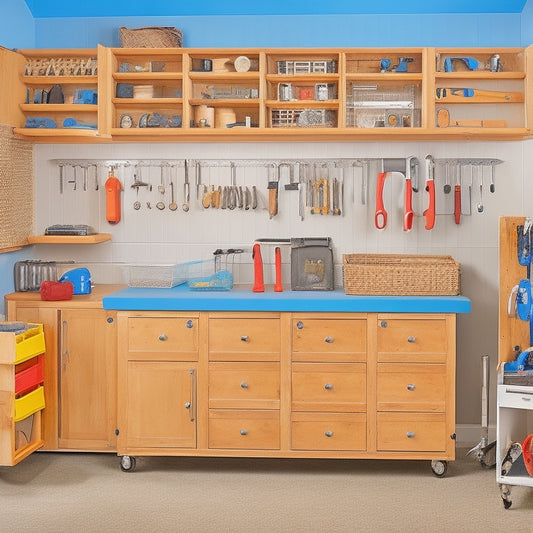 A well-organized workshop with custom-built wooden cabinets, roll-out metal bins, and pegboards, featuring a variety of tools and equipment, including wrenches, pliers, and power drills, in a neat and clutter-free arrangement.