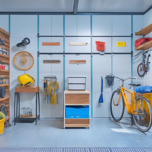 A well-lit, clutter-free garage interior with sleek metal cabinets, labeled bins, and a pegboard adorned with hanging tools, bikes, and accessories, surrounded by a polished concrete floor and white walls.