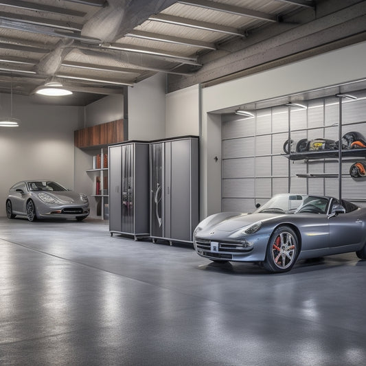 A modern, well-lit garage with sleek, grey custom cabinets featuring chrome handles, adjacent to a polished concrete floor and a silver sports car in the background.
