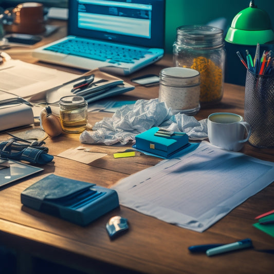 A cluttered desk with papers, files, and office supplies scattered haphazardly, a broken pen and a crumpled up piece of paper in the foreground, with a blurred-out laptop in the background.
