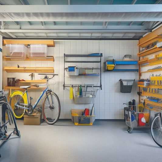 A clutter-free garage with sleek, white overhead storage racks holding labeled bins, bicycles, and luggage, surrounded by a tidy workbench and a few well-placed tools, under bright, natural light.