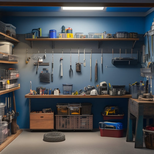 A tidy, well-lit garage or workshop with a wall-mounted pegboard, featuring various hooks, bins, and accessories holding tools, gadgets, and supplies, showcasing optimal storage and organization.