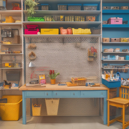 A clutter-free workshop with a pegboard adorned with colorful hooks, baskets, and bins, surrounded by a custom-built shelving unit with labeled drawers and a sliding ladder.