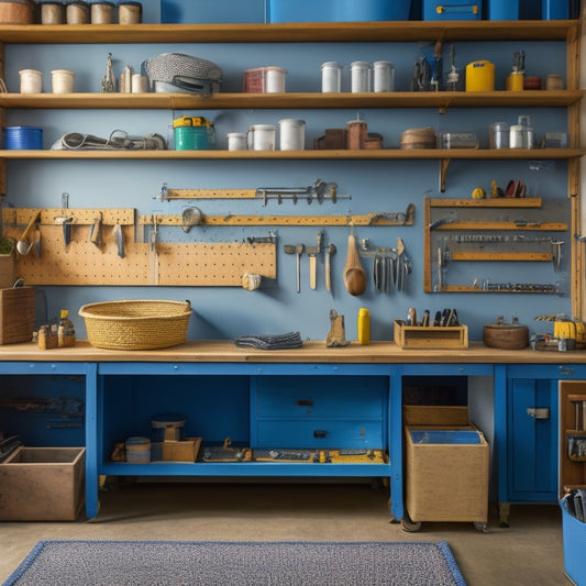 A neatly organized workshop with a pegboard on the wall, hooks holding tools, and a cabinet with labeled drawers, surrounded by a few strategically placed baskets and a small, labeled toolbox on a workbench.