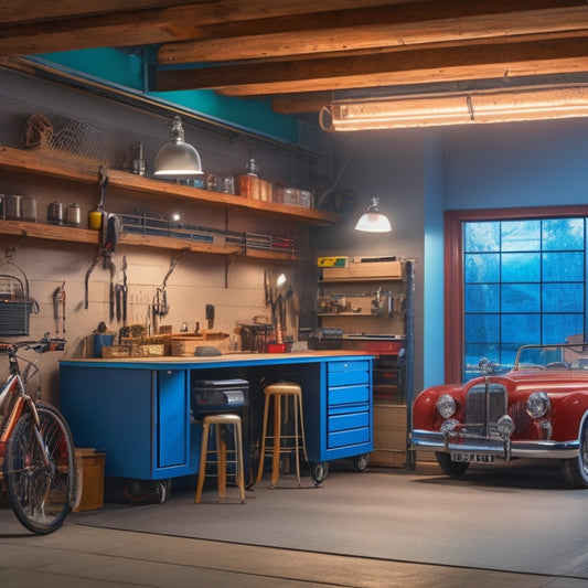A well-lit, spacious garage with a sleek, silver workbench, surrounded by neatly organized tool chests and pegboards, featuring a vintage car on a hydraulic lift in the center.