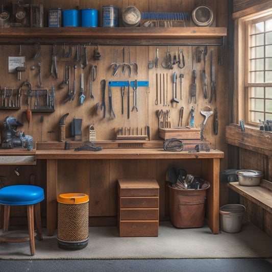 A tidy workshop bench with a wooden pegboard, hooks holding small tool organizers, and a compact key cabinet with transparent doors, surrounded by neatly arranged wrenches and pliers.