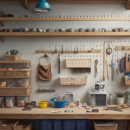 A tidy workshop with a large pegboard on the wall, adorned with hooks, bins, and baskets, holding various crafting tools and supplies, amidst a neutral-colored background with subtle shadows.