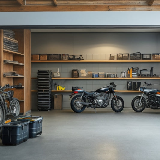 A well-organized motorcycle garage with a sleek, black bike centered, surrounded by neatly arranged tools, shelves, and bins, amidst a clean, gray concrete floor and white walls.