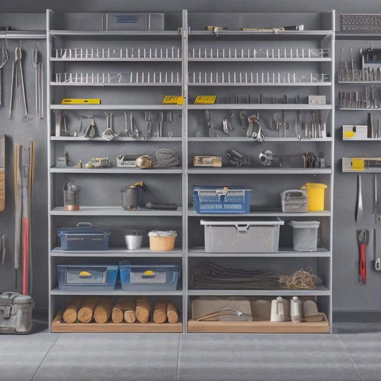 A well-organized tool storage system with labeled bins, a pegboard with hanging tools, and a rolling cabinet with polished chrome handles, set against a clean, gray concrete background.