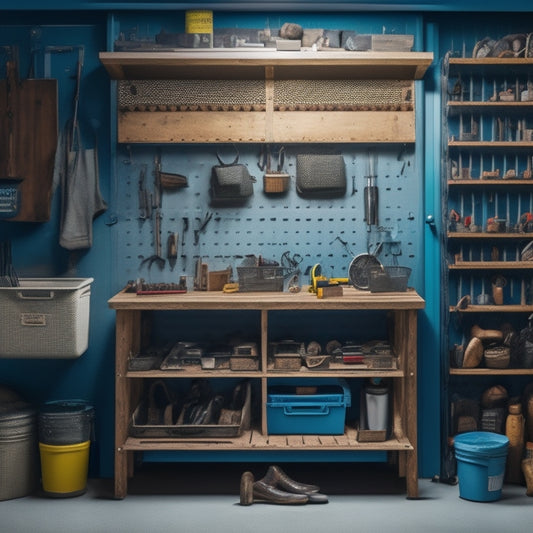 A well-organized garage with a pegboard on the wall, holding various hand tools like hammers, screwdrivers, and pliers, alongside labeled bins and baskets containing nuts, bolts, and other small parts.