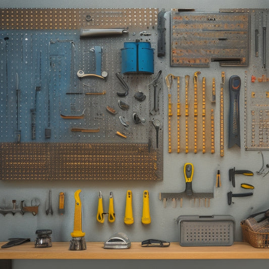 A well-organized metal pegboard with a variety of neatly hung tools and accessories, including a level, pliers, screwdrivers, wrenches, and bins filled with nuts and bolts, against a clean gray background.