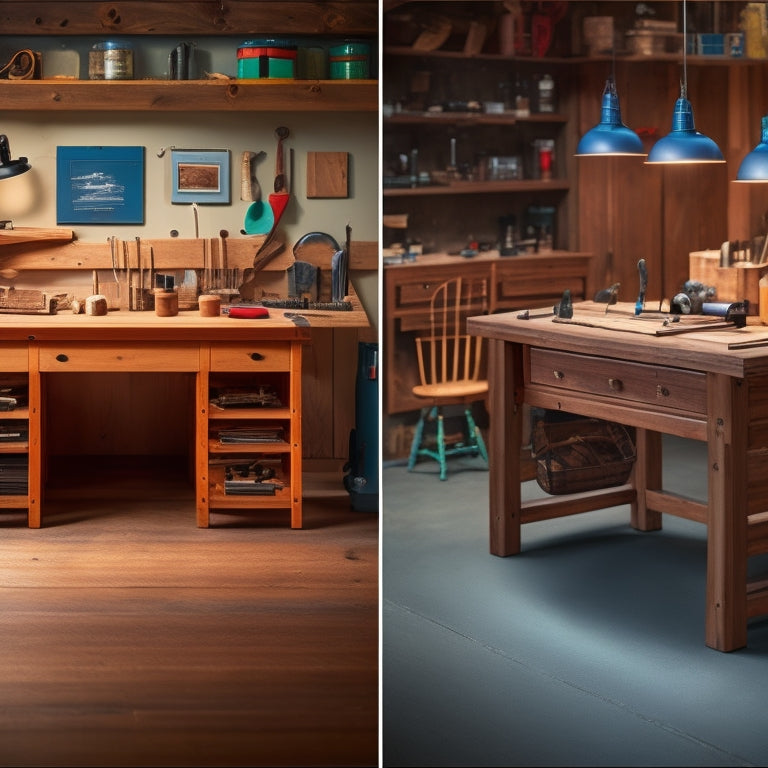 An image featuring two workbenches, one made of softwood (lighter color, knotty, and less dense) and one of hardwood (darker color, straight-grained, and denser), with woodworking tools and materials scattered around.