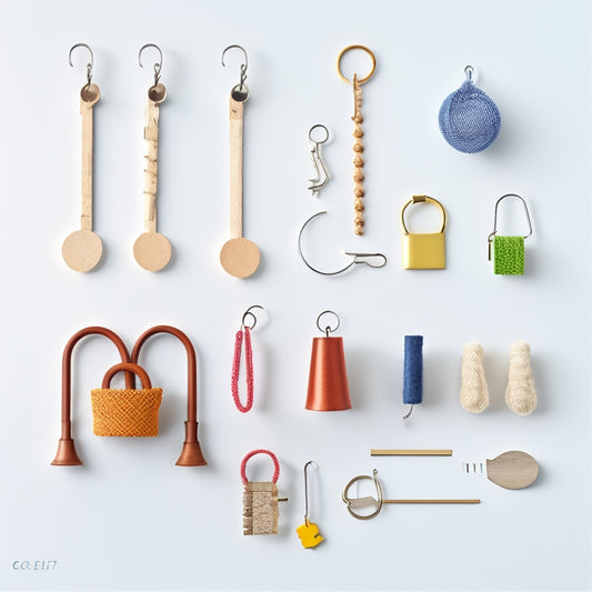 A collage of 5-7 small hooks in various shapes, sizes, and materials (e.g., metal, wood, plastic) arranged on a clean white background, each hook holding a different object (e.g., keys, bag, plant).