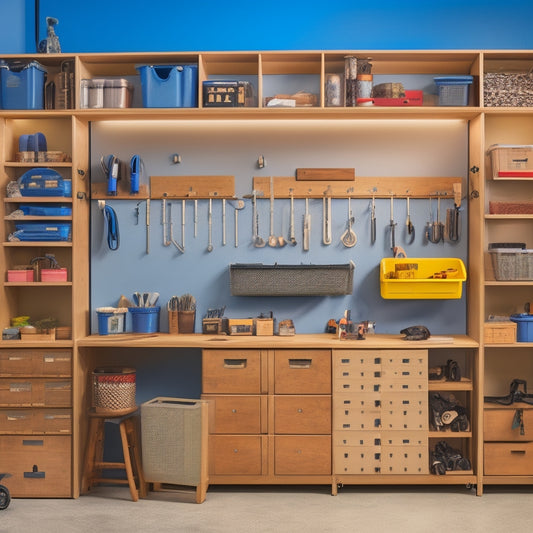 A clutter-free workshop with organized tool storage systems: pegboards with hanging tools, labeled bins, and a rolling cabinet with open drawers, set against a clean and well-lit background.