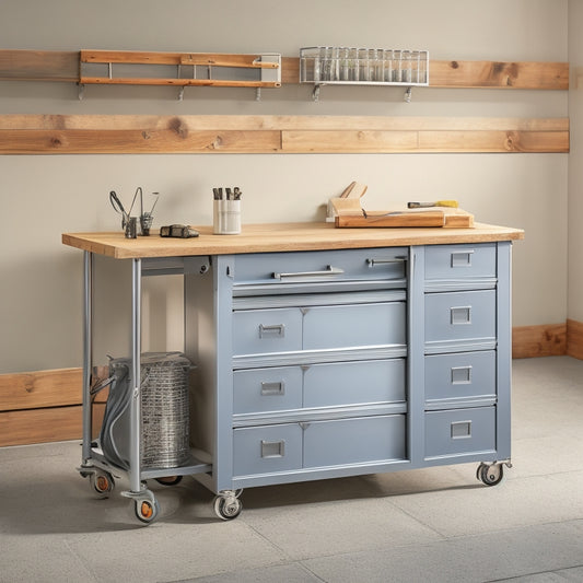 A well-organized workshop with a sleek, silver tool cart featuring five drawers of varying sizes, a wooden work surface, and a metal handle, set against a clean, gray concrete background.